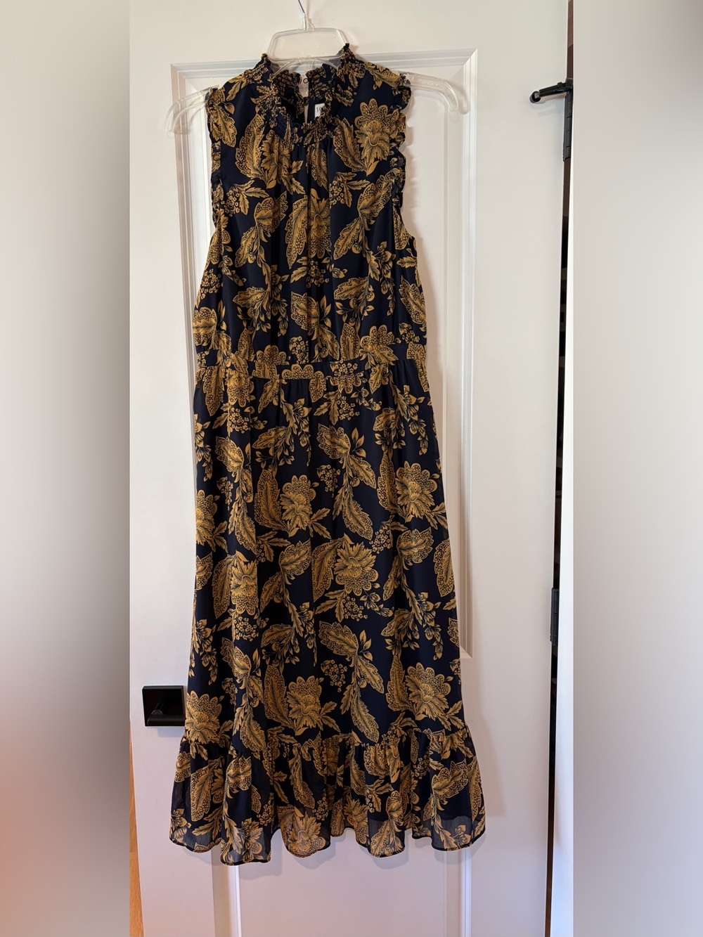 J. Crew Navy Maxi Dress with Gold Floral Motif
